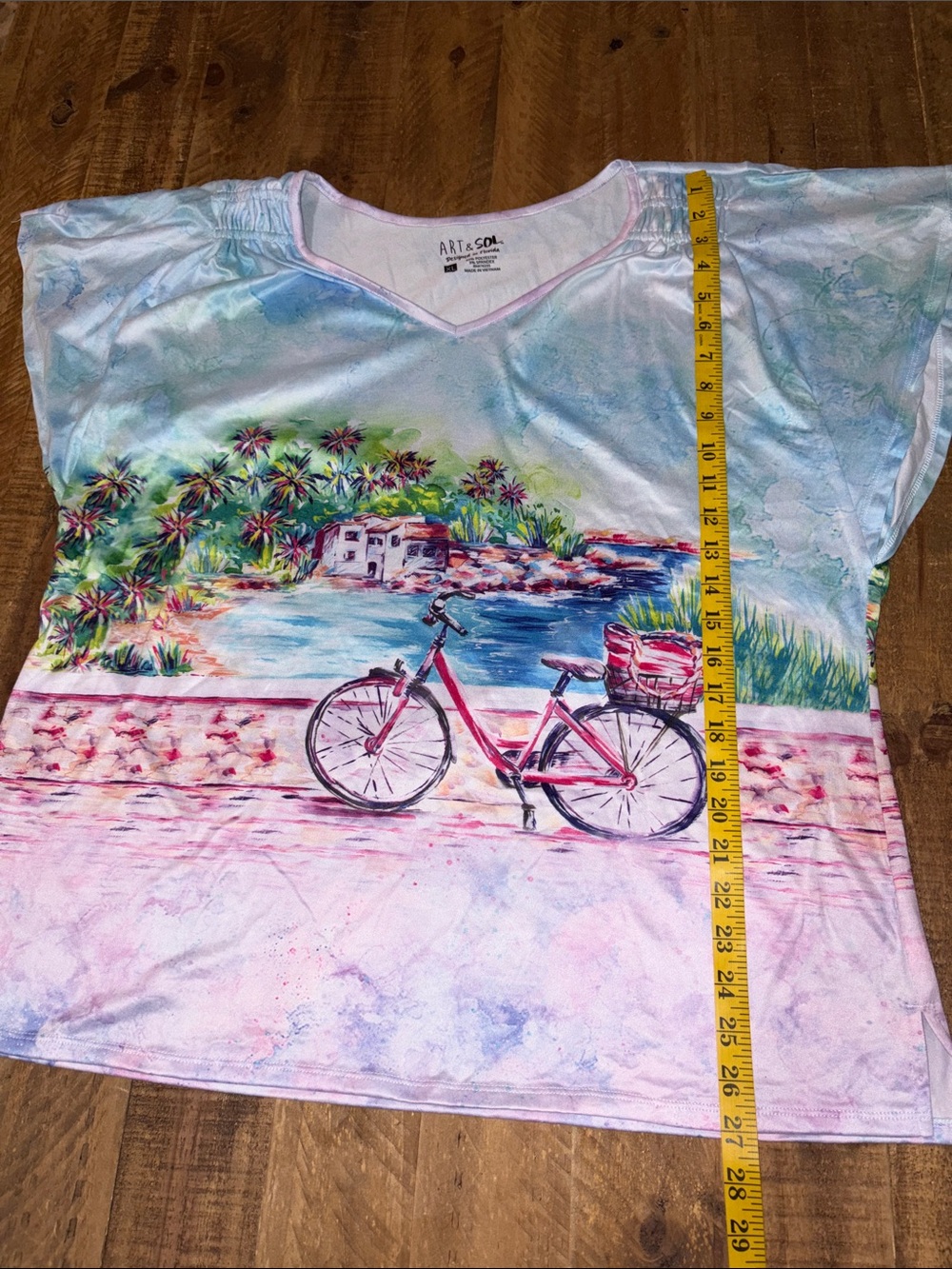 Art & Sol Florida Tropical Pastel Beach Scene V-Neck Top with Bicycle Print - Picture 5 of 5